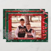 赤と緑のリボン写真立てクリスマスカード シーズンカード (正面/裏面)