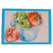赤と緑のリンゴのボウル水色抱き枕 ラージペーパーバッグ (裏面)