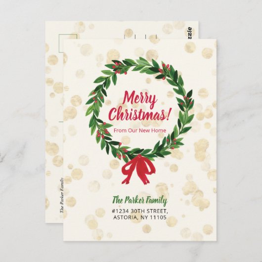 赤と緑のリースクリスマスムービングのお知らせ ポストカード (正面/裏面)