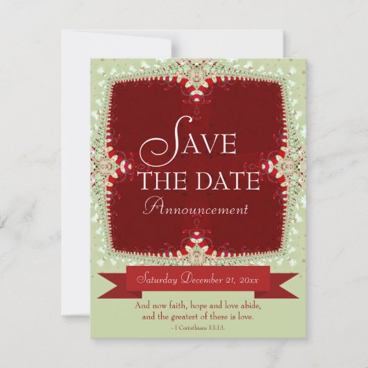 赤と緑のレースの「Save the Date」招待状 招待状 (正面)