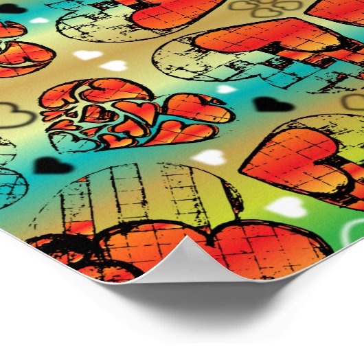 赤と緑のロマンお洒落ティックハートパターン ポスター (角)