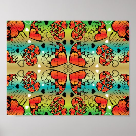 赤と緑のロマンお洒落ティックハートパターン ポスター (正面)