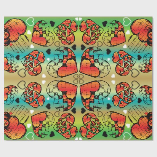 赤と緑のロマンお洒落ティックハートパターン ラッピングペーパー (フラット)