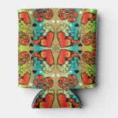 赤と緑のロマンお洒落ティックハートパターン 缶クーラー (正面)