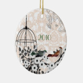 赤と緑のヴィンテージの鳥とダマスクの鳥のケージ セラミックオーナメント (右)