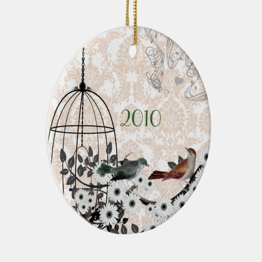 赤と緑のヴィンテージの鳥とダマスクの鳥のケージ セラミックオーナメント (右)
