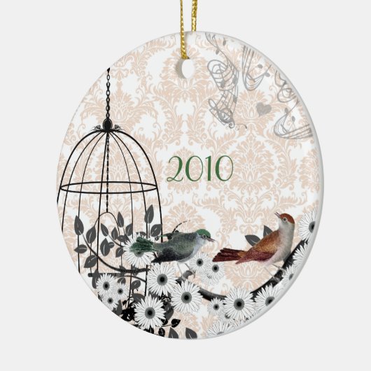 赤と緑のヴィンテージの鳥とダマスクの鳥のケージ セラミックオーナメント (左)