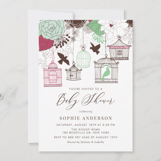 赤と緑のヴィンテージバードケージベビーシャワー 招待状 (正面)