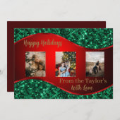 赤と緑の付いた赤の休日のフォトカ縁どード シーズンカード (正面/裏面)