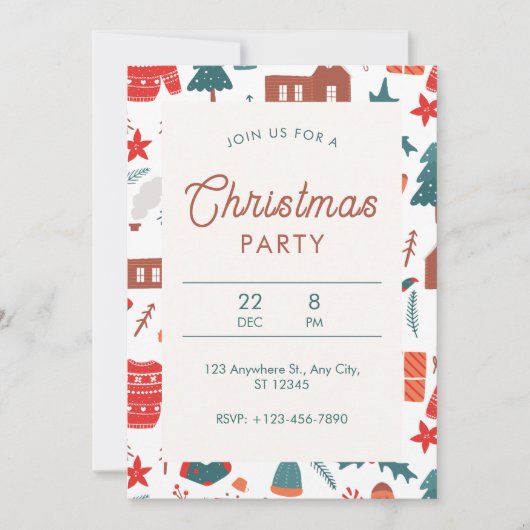 赤と緑の例示的なクリスマスパーティー 招待状 (正面)