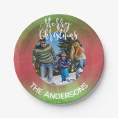 赤と緑の写真メリークリスマスパーティー ペーパープレート (正面)