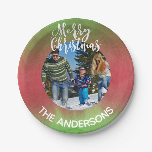 赤と緑の写真メリークリスマスパーティー ペーパープレート (正面)