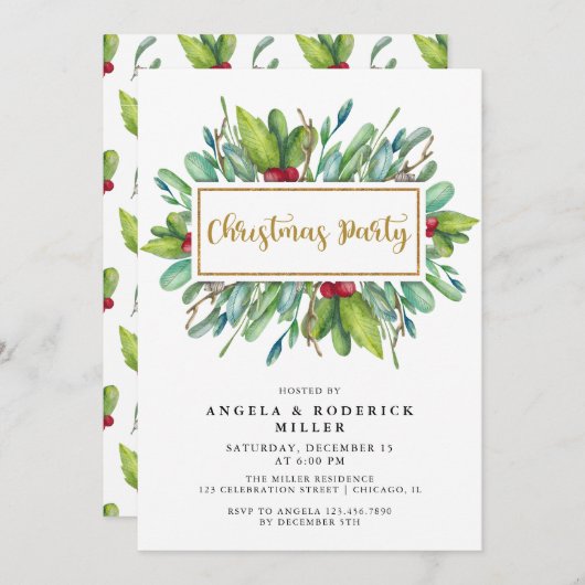赤と緑の冬の葉のクリスマスパーティー 招待状 (正面/裏面)