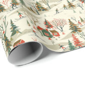 赤と緑の冬の雪の村パターン ラッピングペーパー (ロールコーナー)