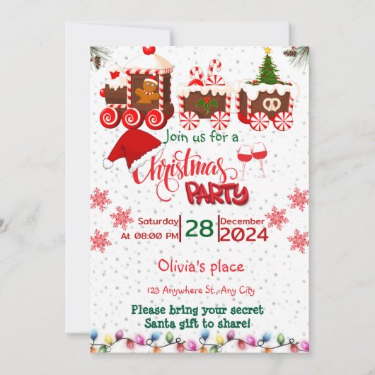 赤と緑の列車のクリスマスパーティの招待状 招待状 (正面)