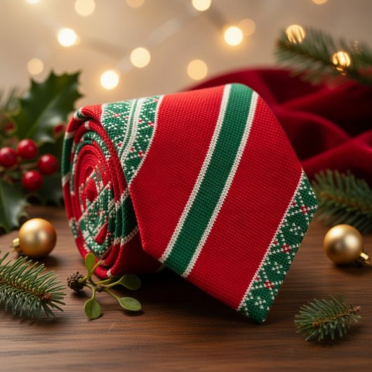 赤と緑の刺繍クリスマスパターン ネクタイ