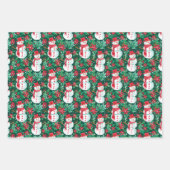 赤と緑の名門私立校風のクリスマスオーナメントと雪だるま ラッピングペーパーシート (正面3)