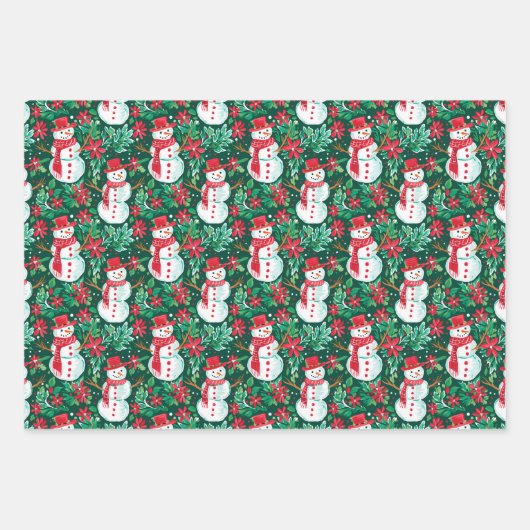 赤と緑の名門私立校風のクリスマスオーナメントと雪だるま ラッピングペーパーシート (正面3)
