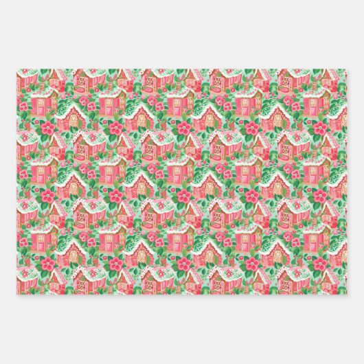 赤と緑の名門私立校風のクリスマスオーナメントと雪だるま ラッピングペーパーシート (正面2)