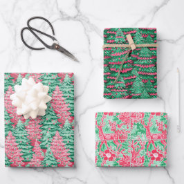 赤と緑の名門私立校風のクリスマスツリー&トナカイ ラッピングペーパーシート