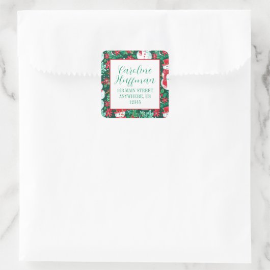 赤と緑の名門私立校風の雪だるま差出人住所 スクエアシール (バッグ)