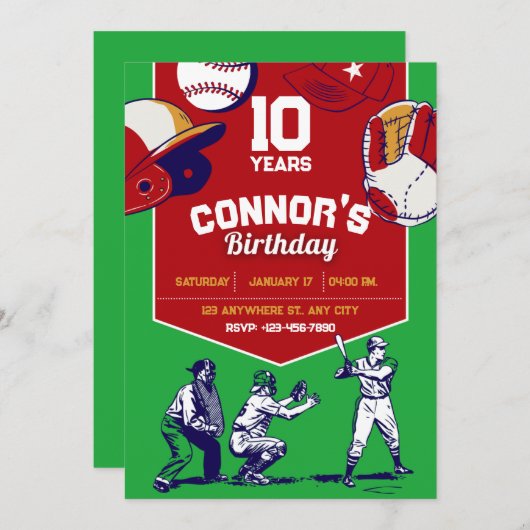 赤と緑の図解入りの、写真付きの野球の誕生会 招待状 (正面/裏面)