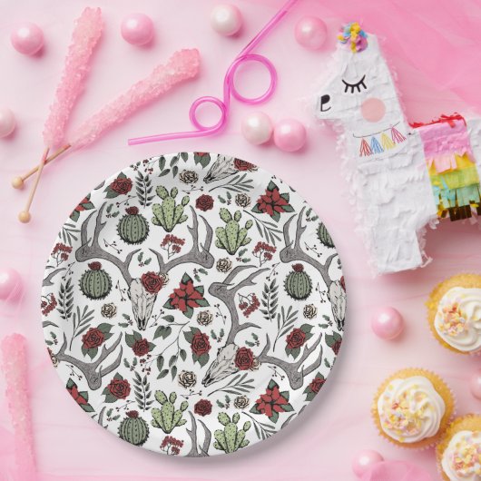 赤と緑の国女性のカーボーイクリスマス〔雄ジカの〕枝角 ペーパープレート (パーティー)