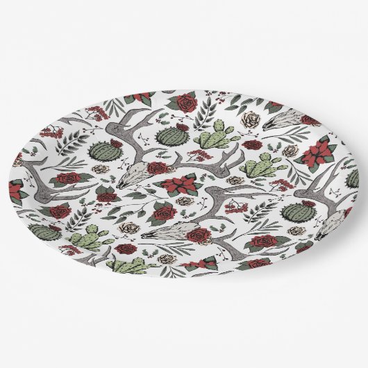 赤と緑の国女性のカーボーイクリスマス〔雄ジカの〕枝角 ペーパープレート (アングル)