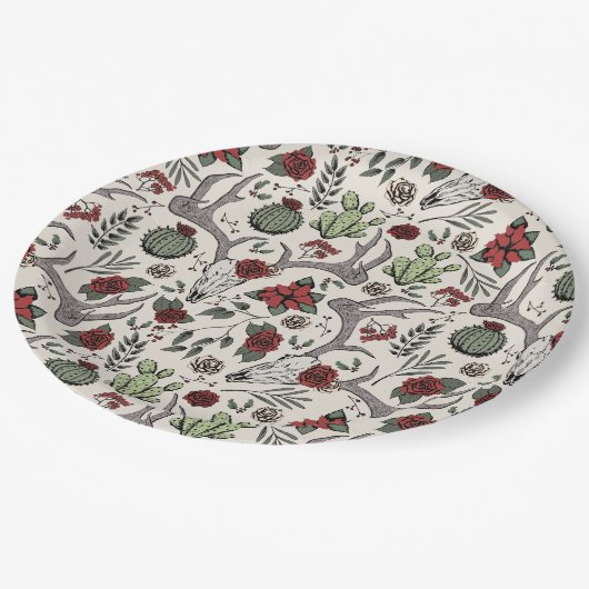 赤と緑の国女性のカーボーイクリスマス〔雄ジカの〕枝角 ペーパープレート (アングル)