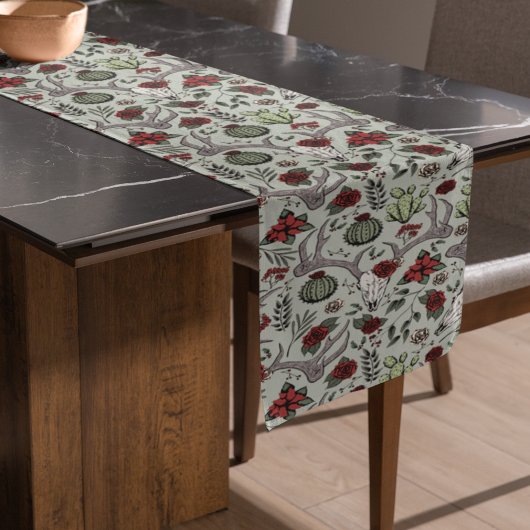 赤と緑の国女性のカーボーイクリスマス〔雄ジカの〕枝角 ロングテーブルランナー