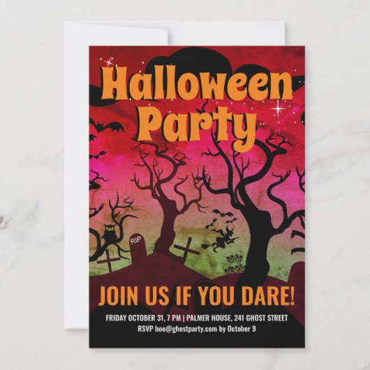 赤と緑の墓地幽霊のよく出るハローウィンパーティ 招待状 (正面)