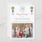 赤と緑の家族モノグラムハッピーホリデーズフォト シーズンカード (正面)