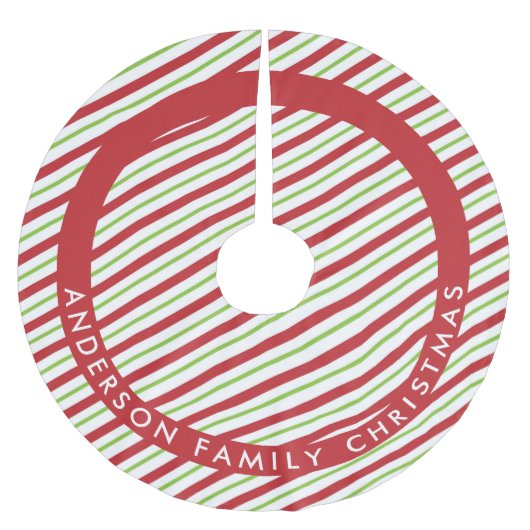 赤と緑の対角ホリデーストライプズ ブラッシュドポリエステルツリースカート (正面)
