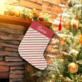 赤と緑の対角ホリデーストライプズ ラージクリスマスストッキング