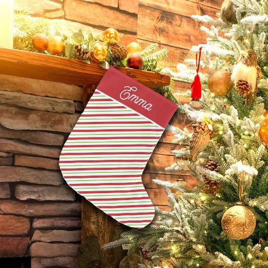 赤と緑の対角ホリデーストライプズ ラージクリスマスストッキング