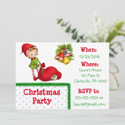 赤と緑の小妖精や小人クリスマスパーティの招待状 招待状 (スタンド正面)