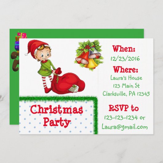 赤と緑の小妖精や小人クリスマスパーティの招待状 招待状 (正面/裏面)