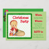 赤と緑の小妖精や小人クリスマスパーティの招待状 招待状 (正面/裏面)