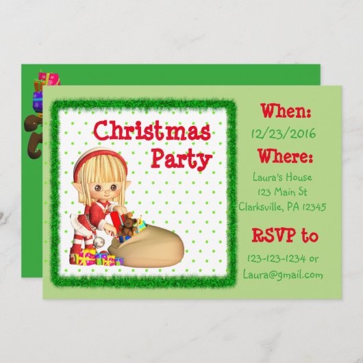 赤と緑の小妖精や小人クリスマスパーティの招待状 招待状 (正面/裏面)