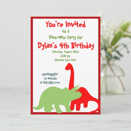 赤と緑の恐竜バースデーパーティ招待状 招待状 (スタンド正面)
