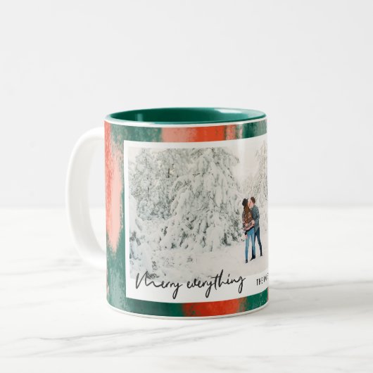 赤と緑の抽象芸術色彩の鮮やかのモダン休日 ツートーンマグカップ (正面左)