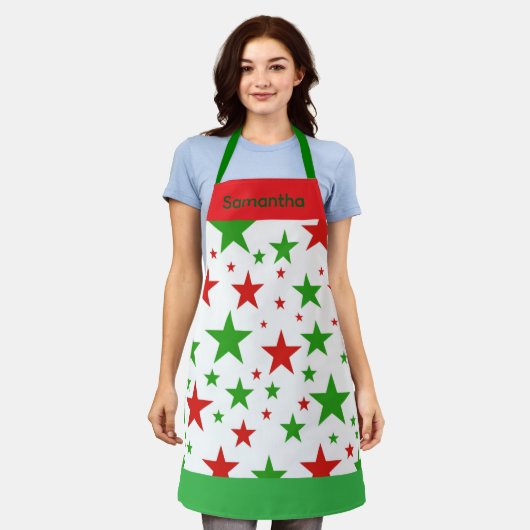 赤と緑の星かわいいクリスマス エプロン (着用した状態)