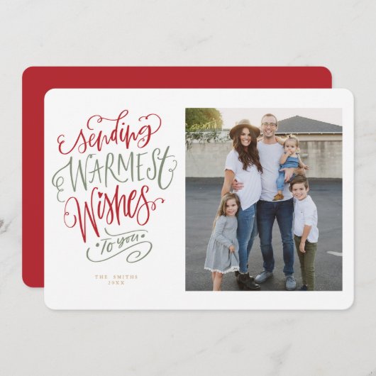 赤と緑の暖かい願いのホリデーフォトカード 招待状 (正面/裏面)