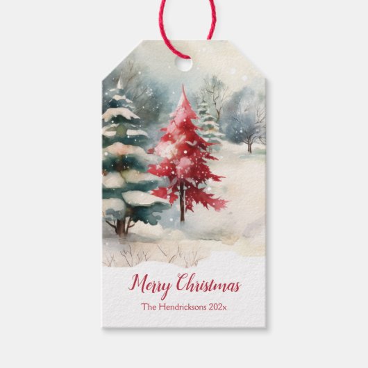 赤と緑の松のクリスマス ギフトタグ (正面)