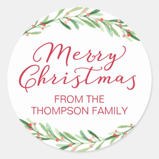 赤と緑の枝のクリスマスステッカー ラウンドシール (正面)