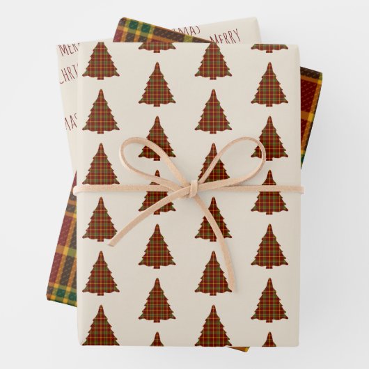 赤と緑の格子模様のクリスマスツリー ラッピングペーパーシート (インサイチュ)