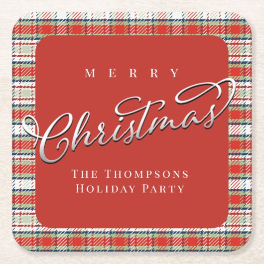 赤と緑の格子模様のメリークリスマスカスタム スクエアペーパーコースター (正面)