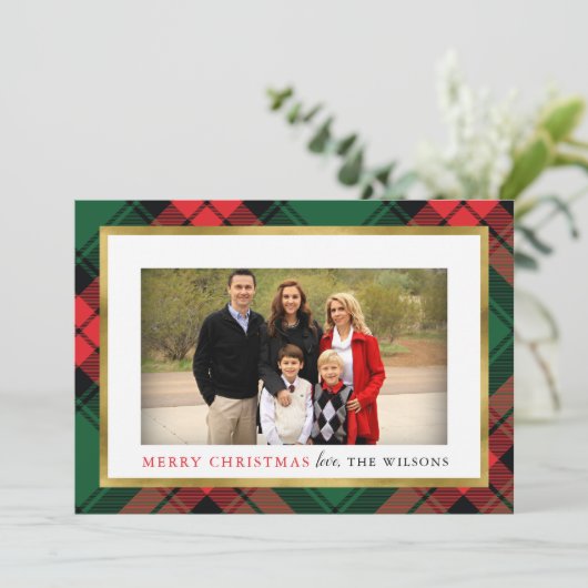 赤と緑の格子模様の写真クリスマスカード 招待状 (スタンド正面)