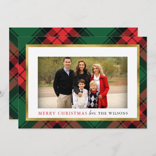 赤と緑の格子模様の写真クリスマスカード 招待状 (正面/裏面)