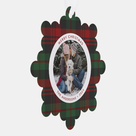 赤と緑の格子模様の独身の写真の休日 オーナメントカード (右)